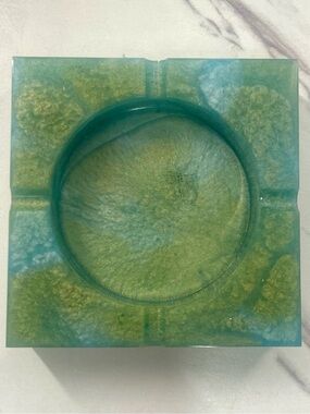 Handmade Silk Blue & Bronze Green Resin Ashtray | Modern Decor Collector Piece